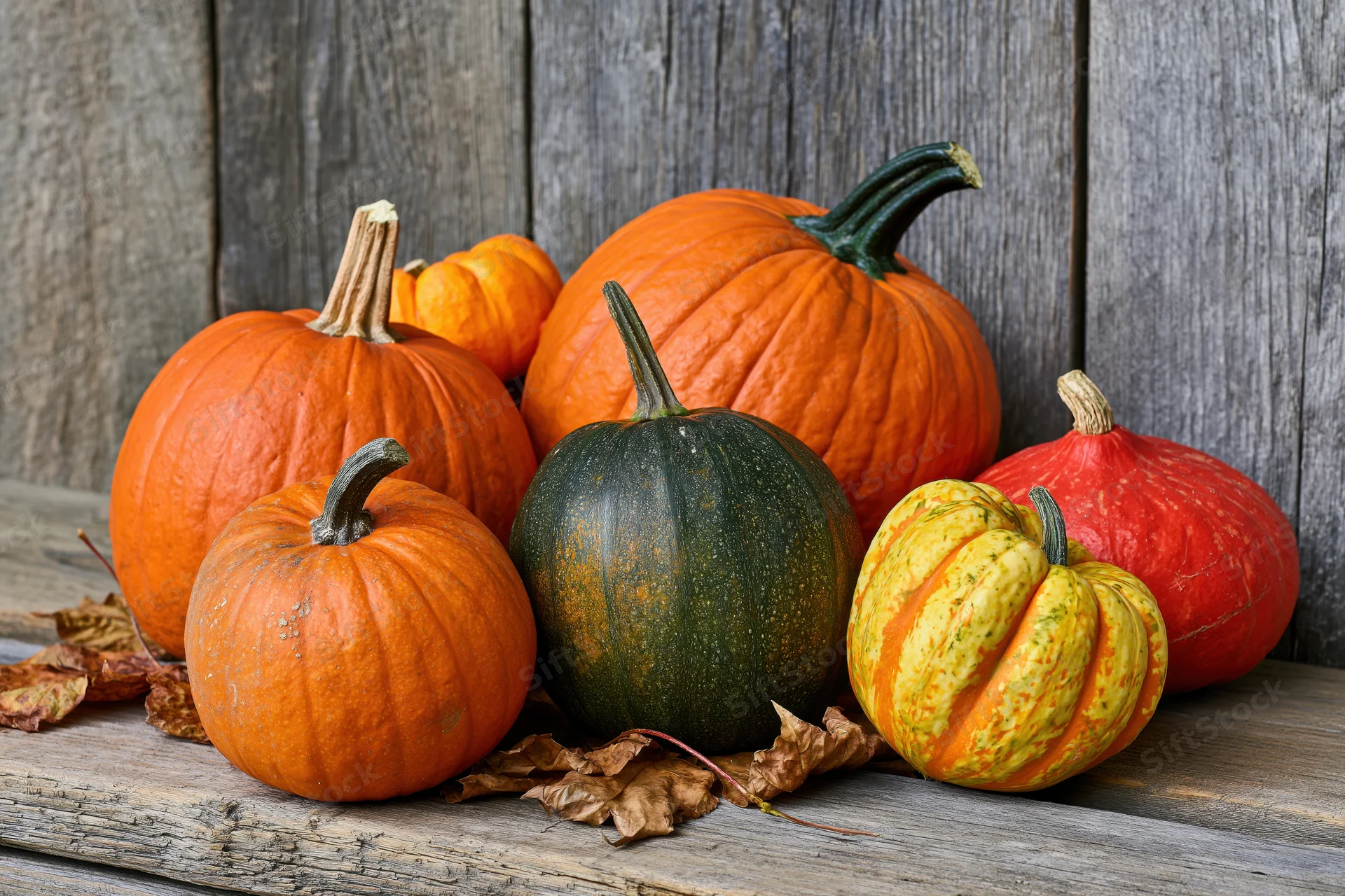 Assorted pumpkins and gourds arranged on a weathered wooden table with autumn leaves