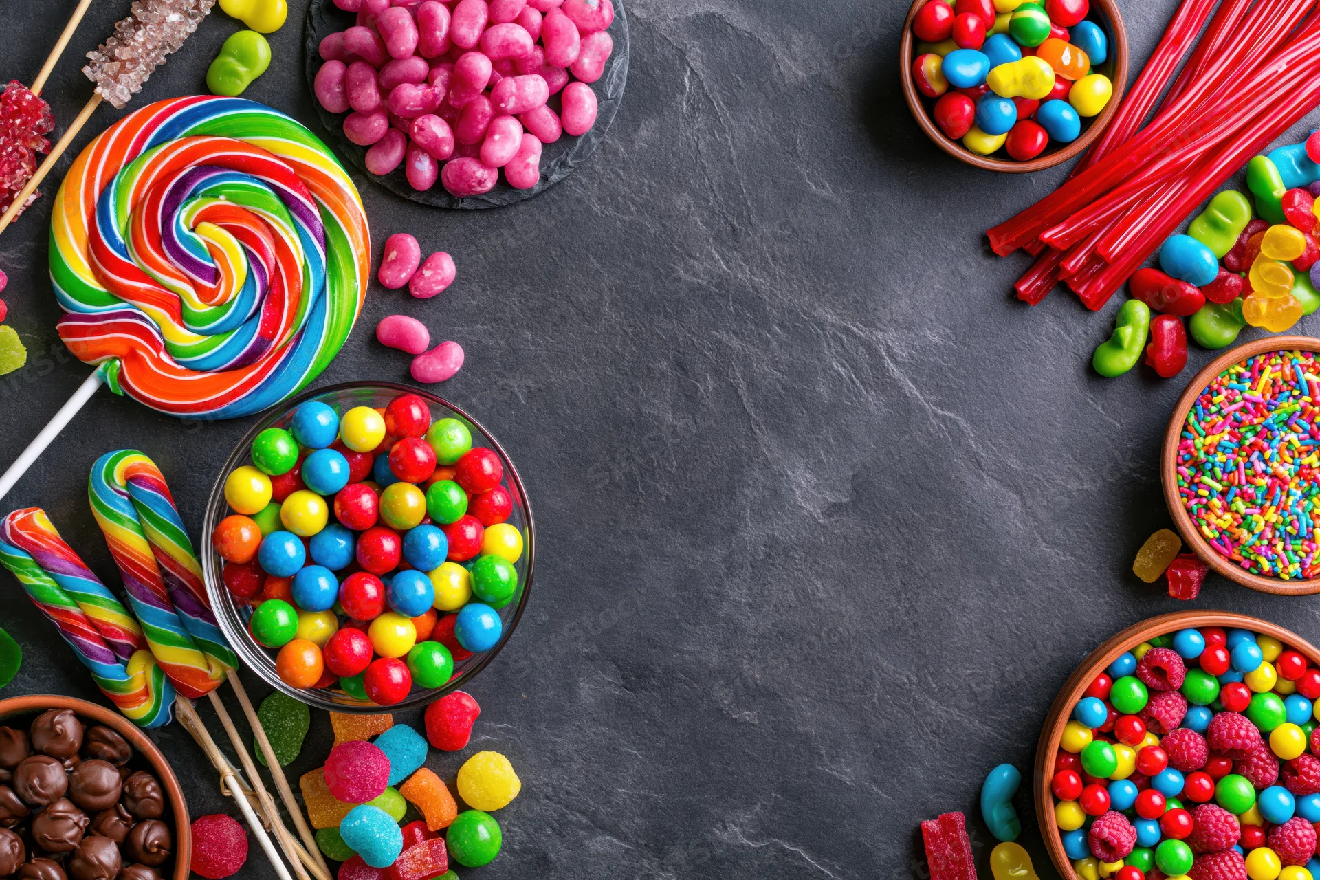 Assorted colorful candies arranged in a border around a dark slate surface with copyspace in center