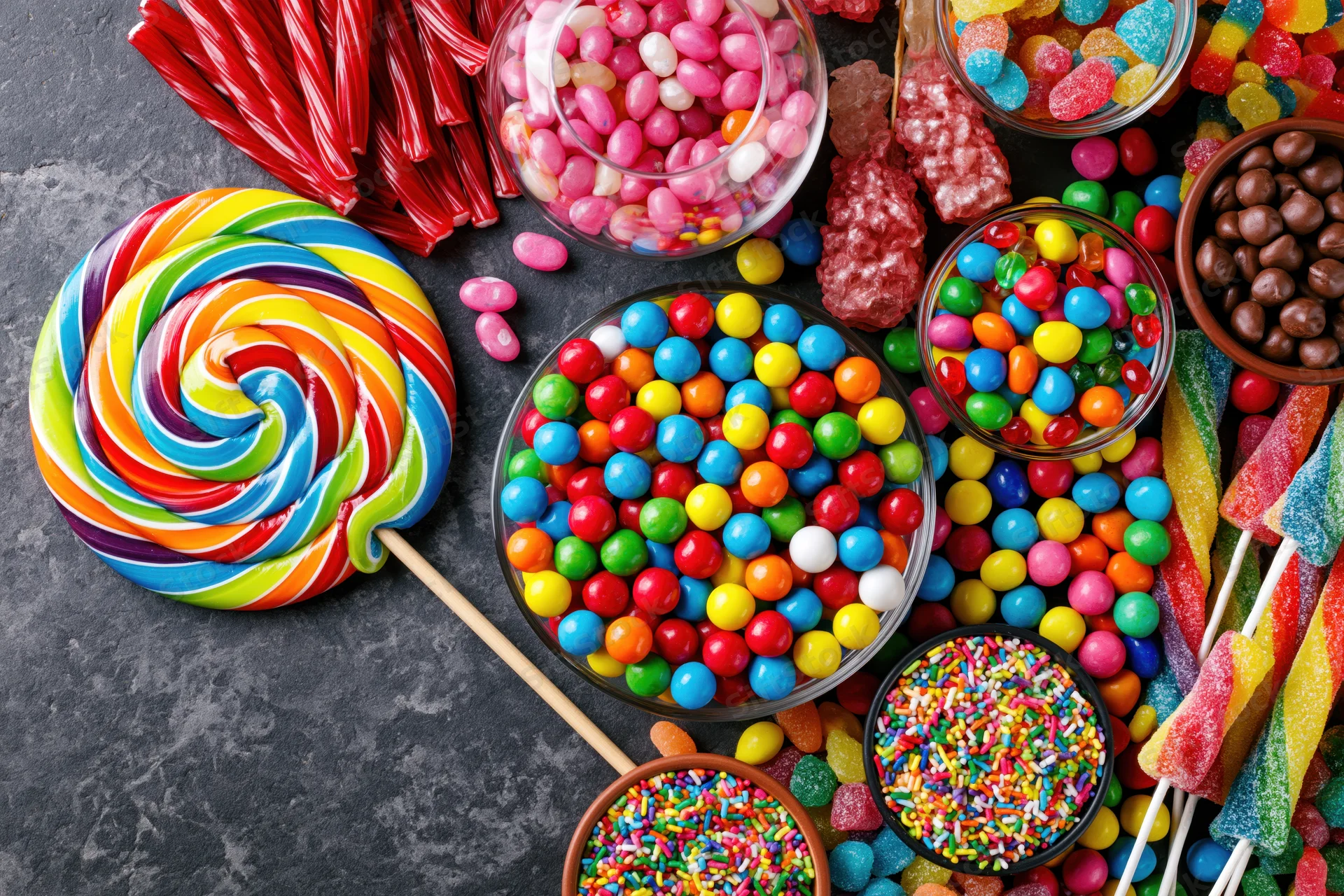 Assorted colorful candies arranged on dark slate surface with bowls and lollipops
