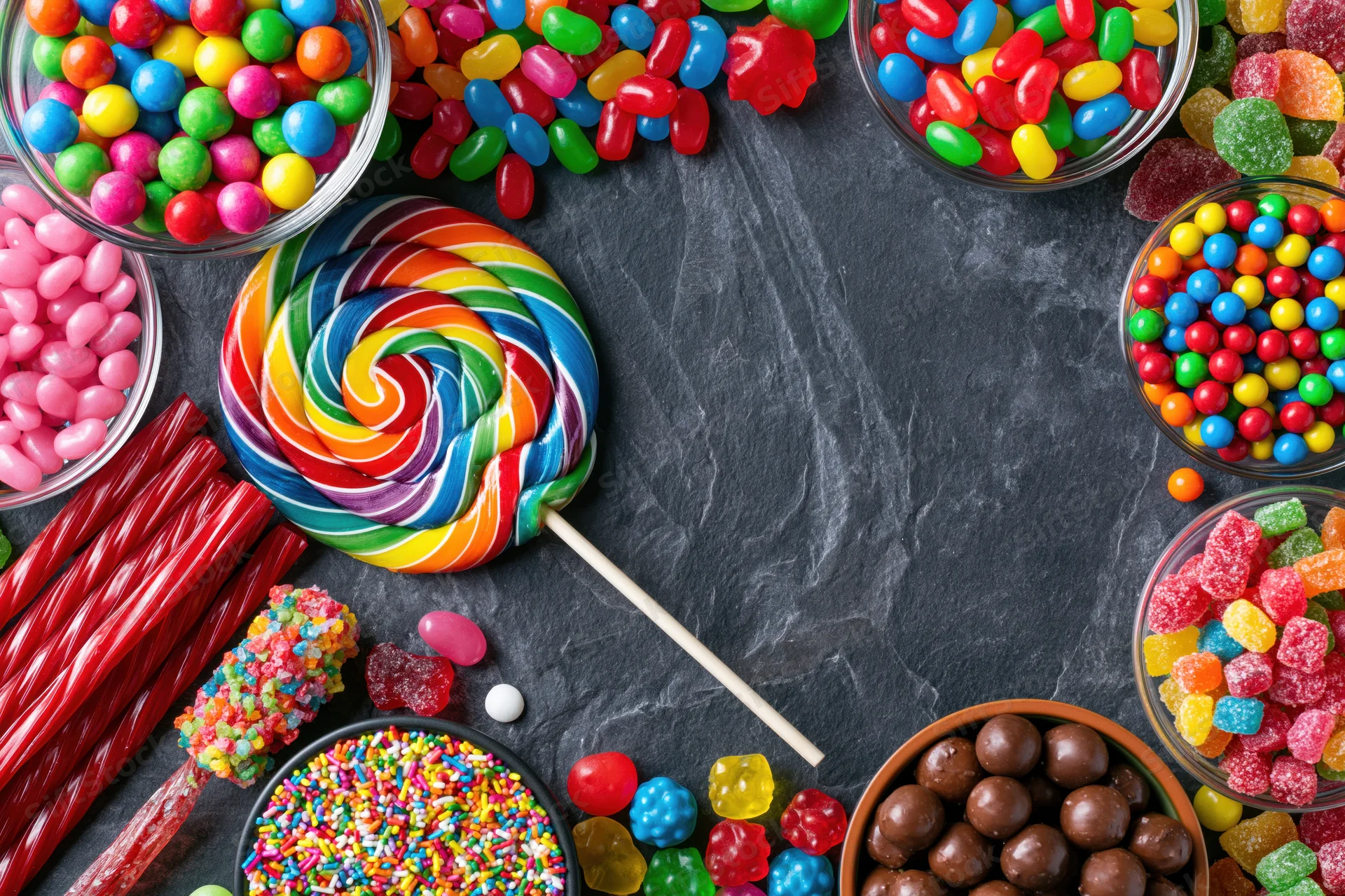 Assorted colorful candies arranged on dark slate surface with central copyspace