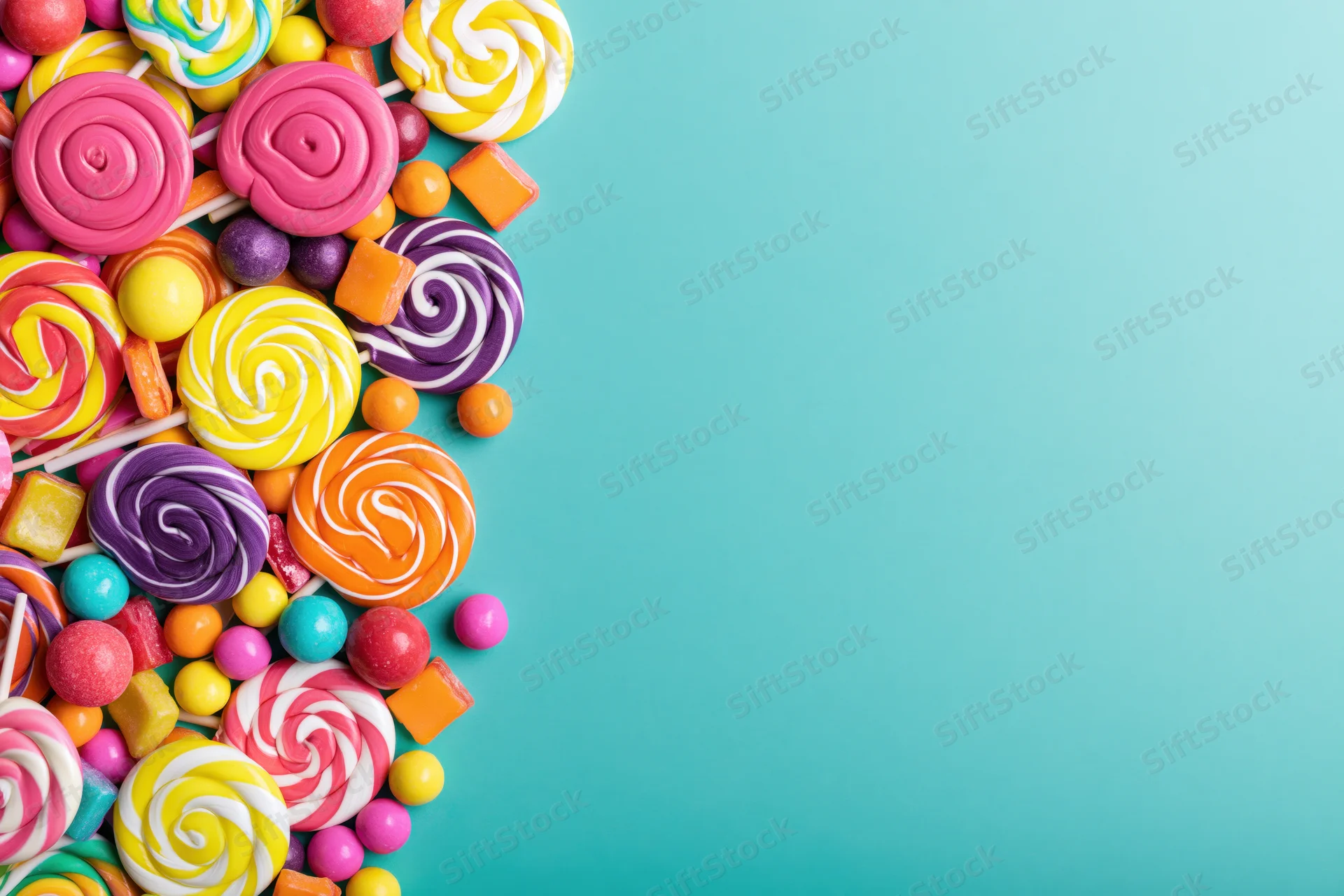 Assorted candies and lollipops piled along the left side of a teal background