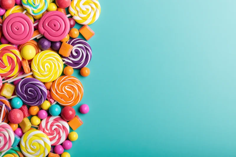 Assorted candies and lollipops piled along the left side of a teal background