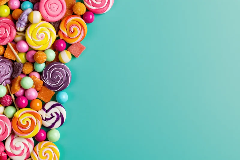 Assorted candies and lollipops piled in the top left corner on a turquoise background