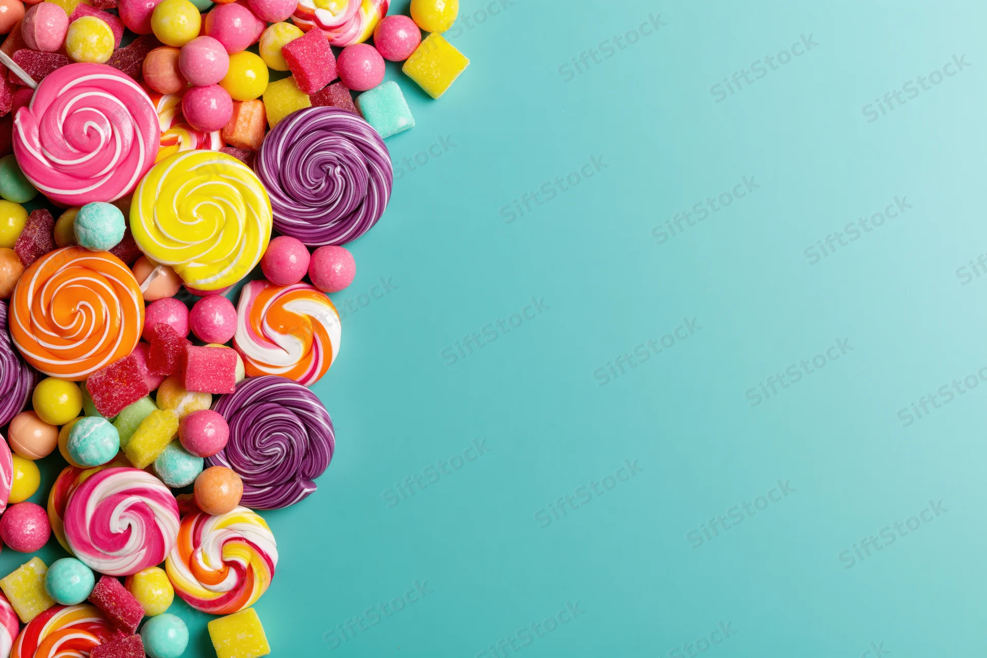 Assorted candies and lollipops piled along the left edge on a teal background