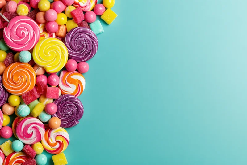 Assorted candies and lollipops piled along the left edge on a teal background