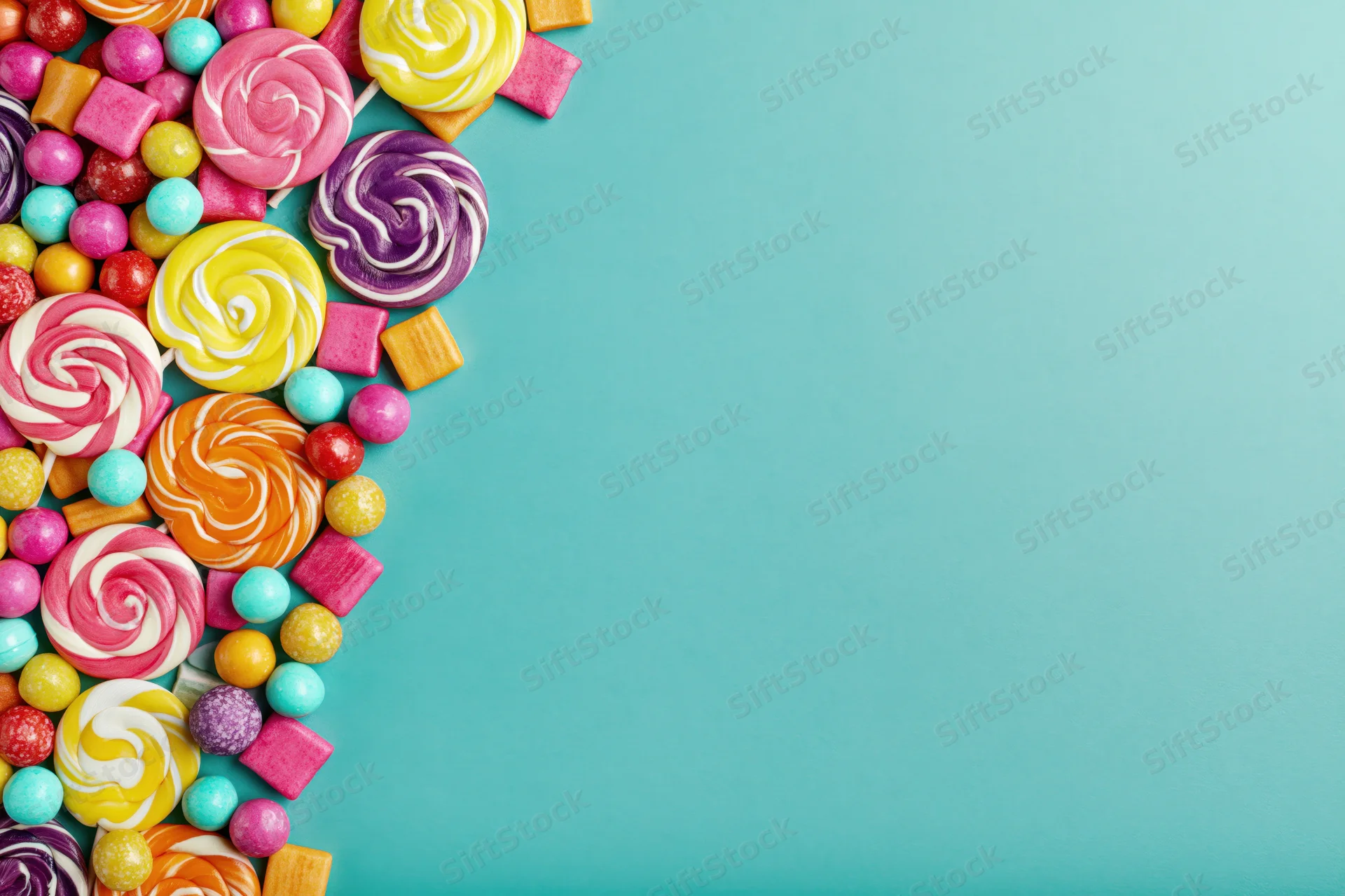 Assorted candies and lollipops arranged in a dense pile on a teal background with copyspace on the right