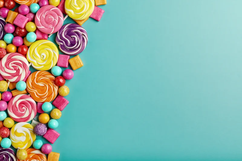 Assorted candies and lollipops arranged in a dense pile on a teal background with copyspace on the right