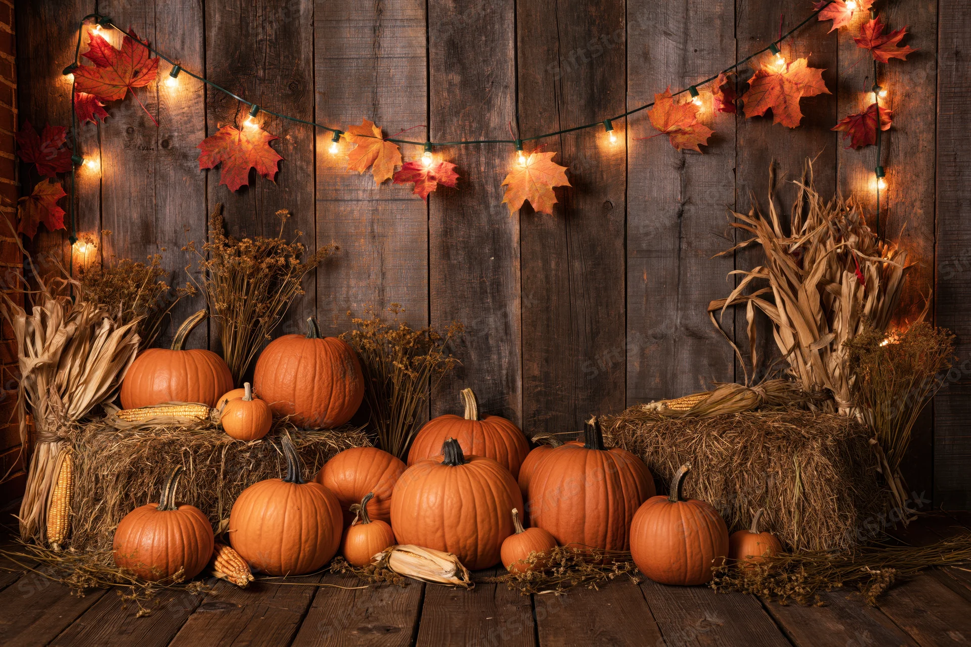 Pumpkins and hay bales arranged with corn stalks and autumn leaves against a wooden wall under string lights