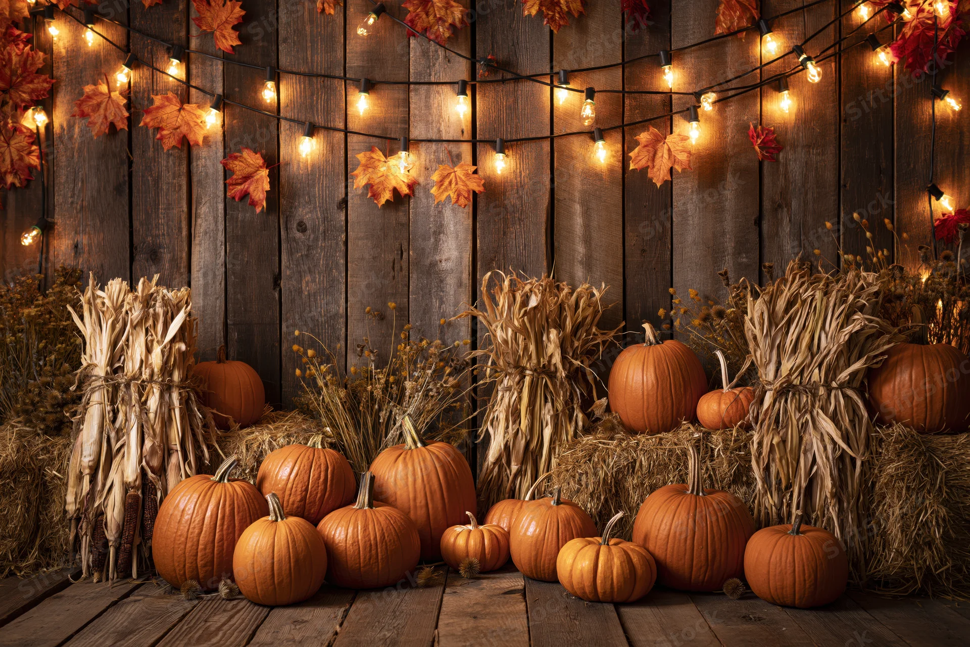 Pumpkins and corn husks arranged with hay bales and string lights against a wooden wall for autumn harvest display