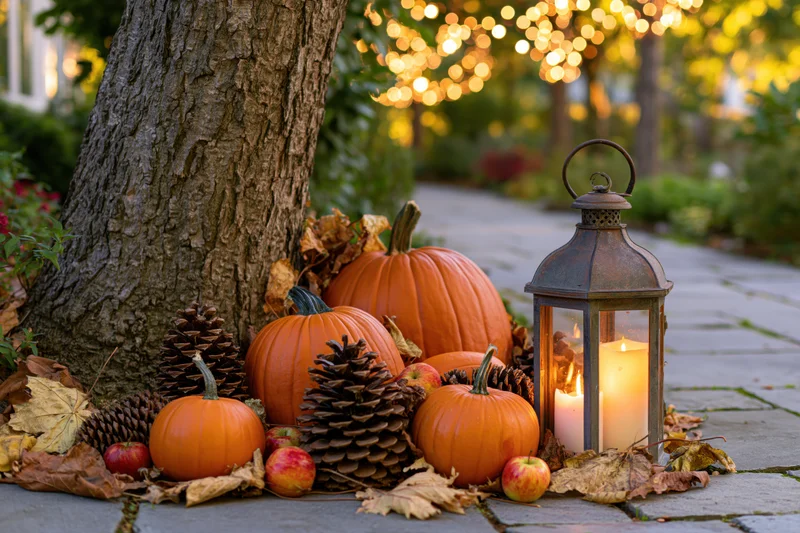 Pumpkins and pinecones arranged with a lit lantern beside a tree on a stone pathway