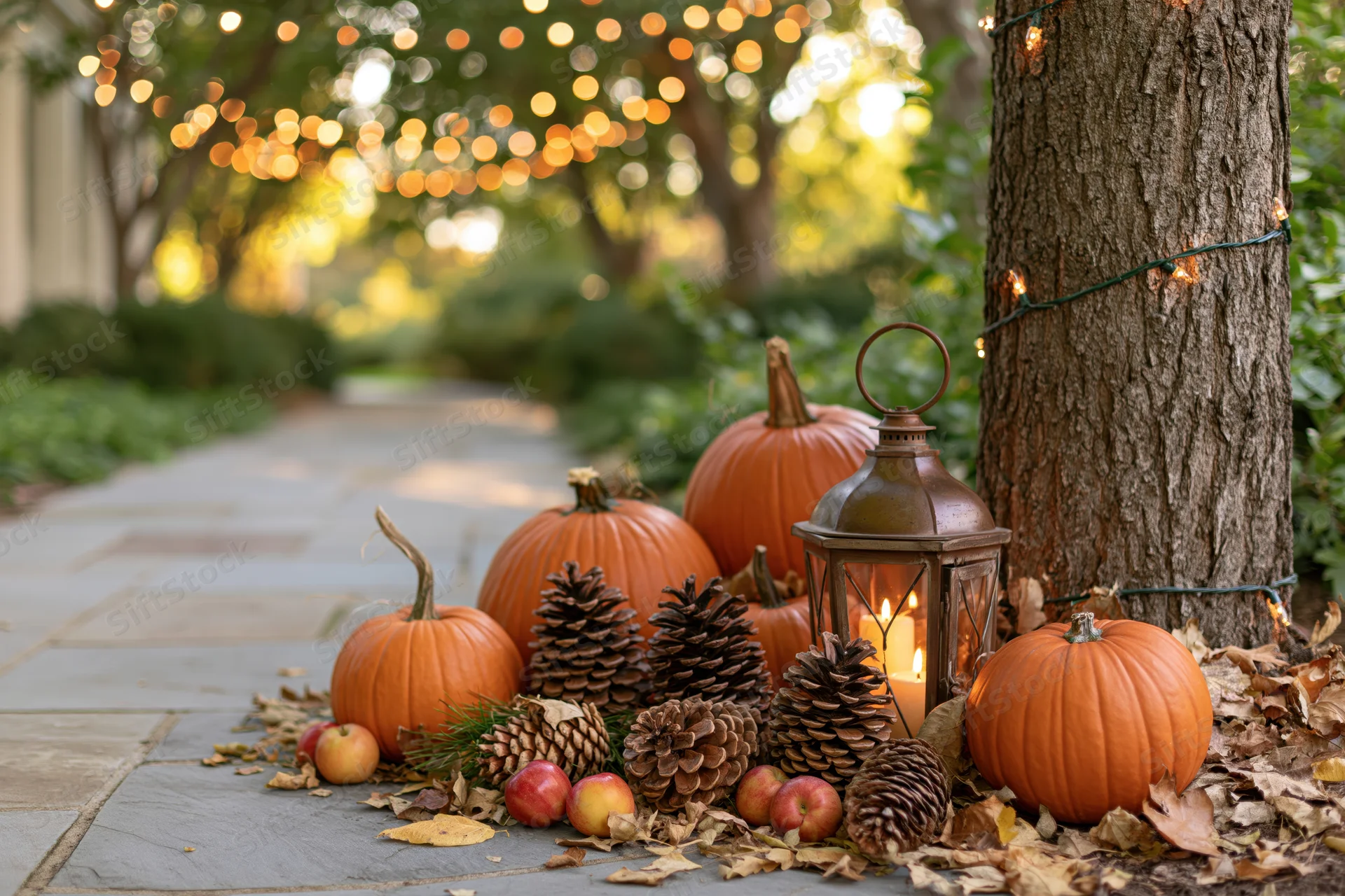 Pumpkins and pinecones arranged with a lit lantern on a stone pathway beside a tree, surrounded by fallen leaves and string lights