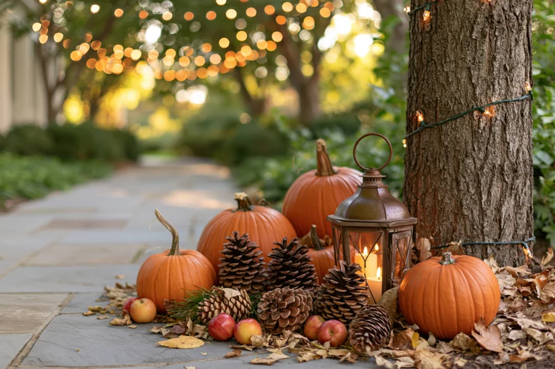 Pumpkins and pinecones arranged with a lit lantern on a stone pathway beside a tree, surrounded by fallen leaves and string lights