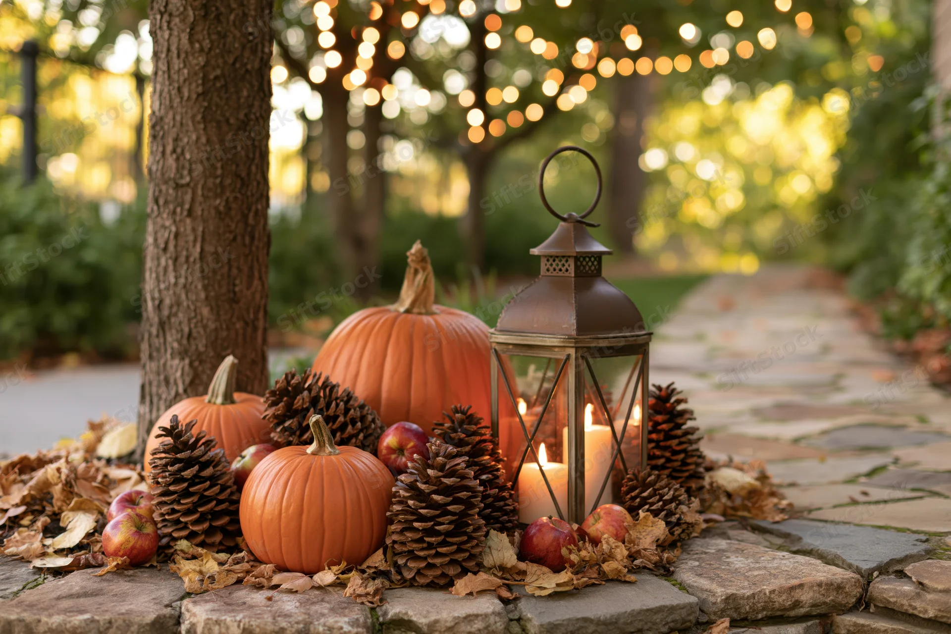 Autumn harvest display with pumpkins, pinecones, apples and a lit lantern arranged on a stone pathway beside a tree