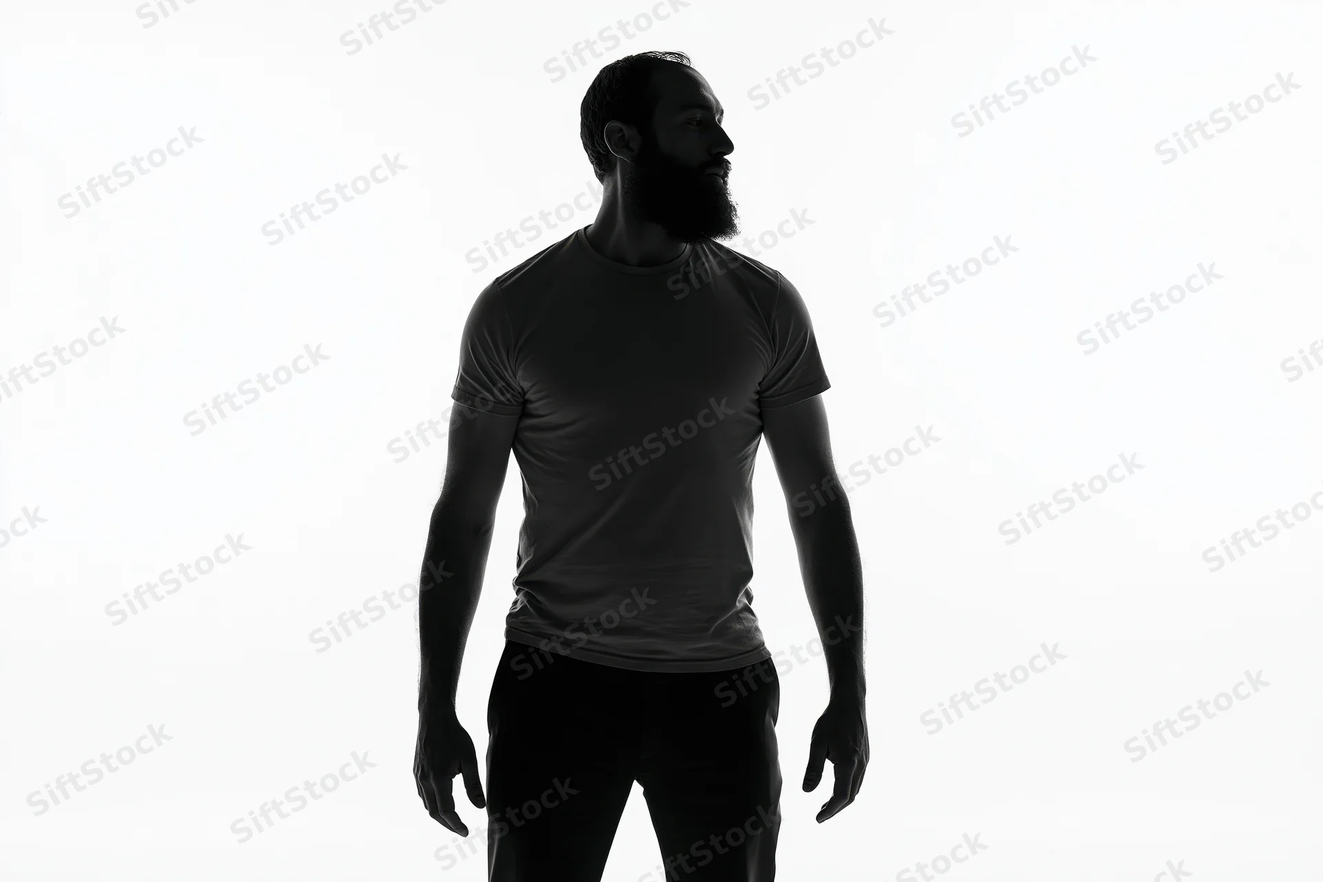 Bearded man standing in profile wearing a tshirt against a white background