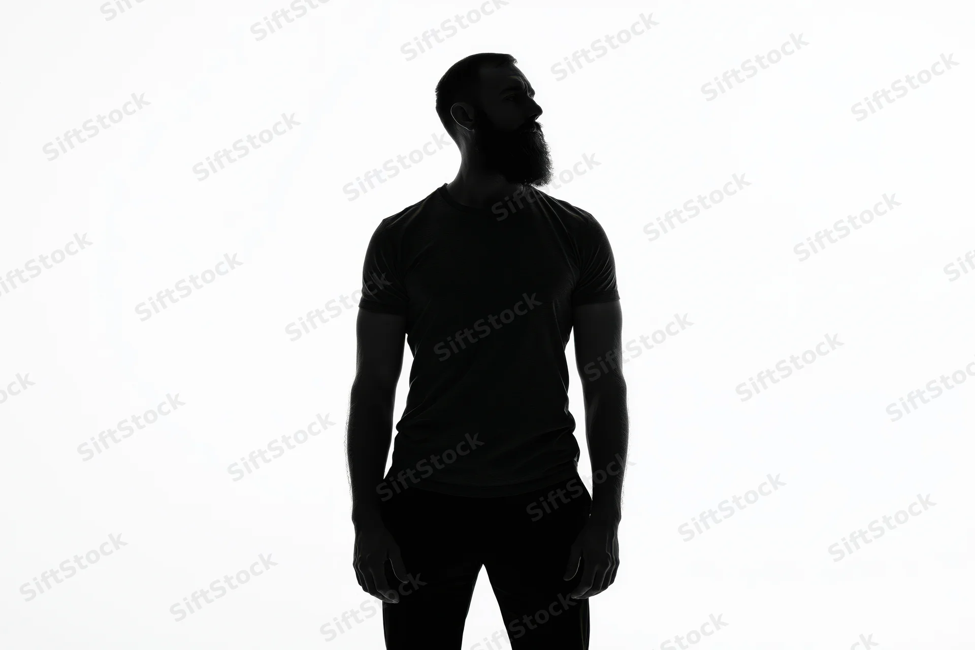 Bearded man standing in profile with hands at sides against white background