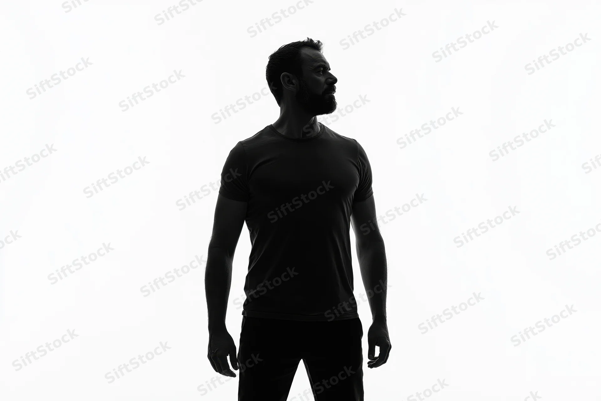 Bearded man standing in profile as a silhouette against white background