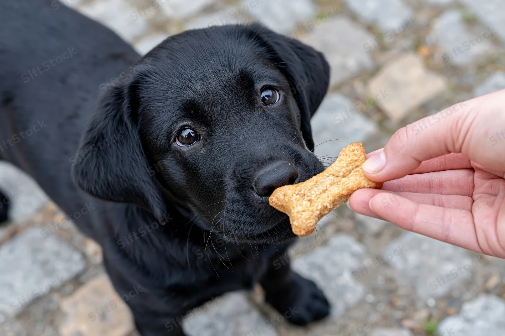 Black labrador puppy sniffing a bone-shaped treat held by a hand on cobblestone ground