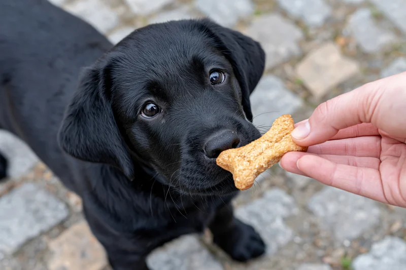 Black labrador puppy sniffing a bone-shaped treat held by a hand on cobblestone ground