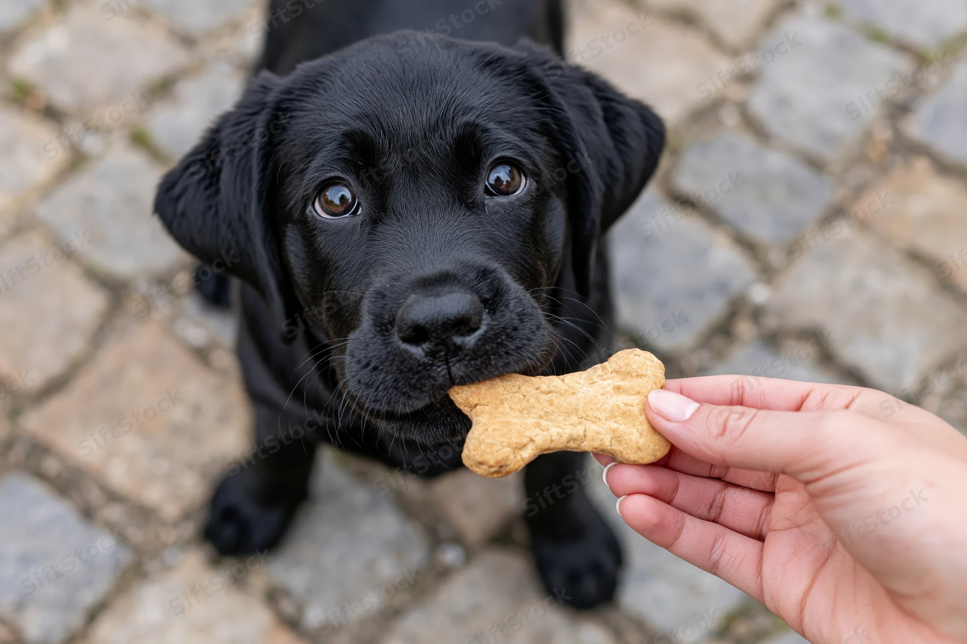 Black labrador puppy looking up at a bone-shaped treat held by a hand on cobblestone ground