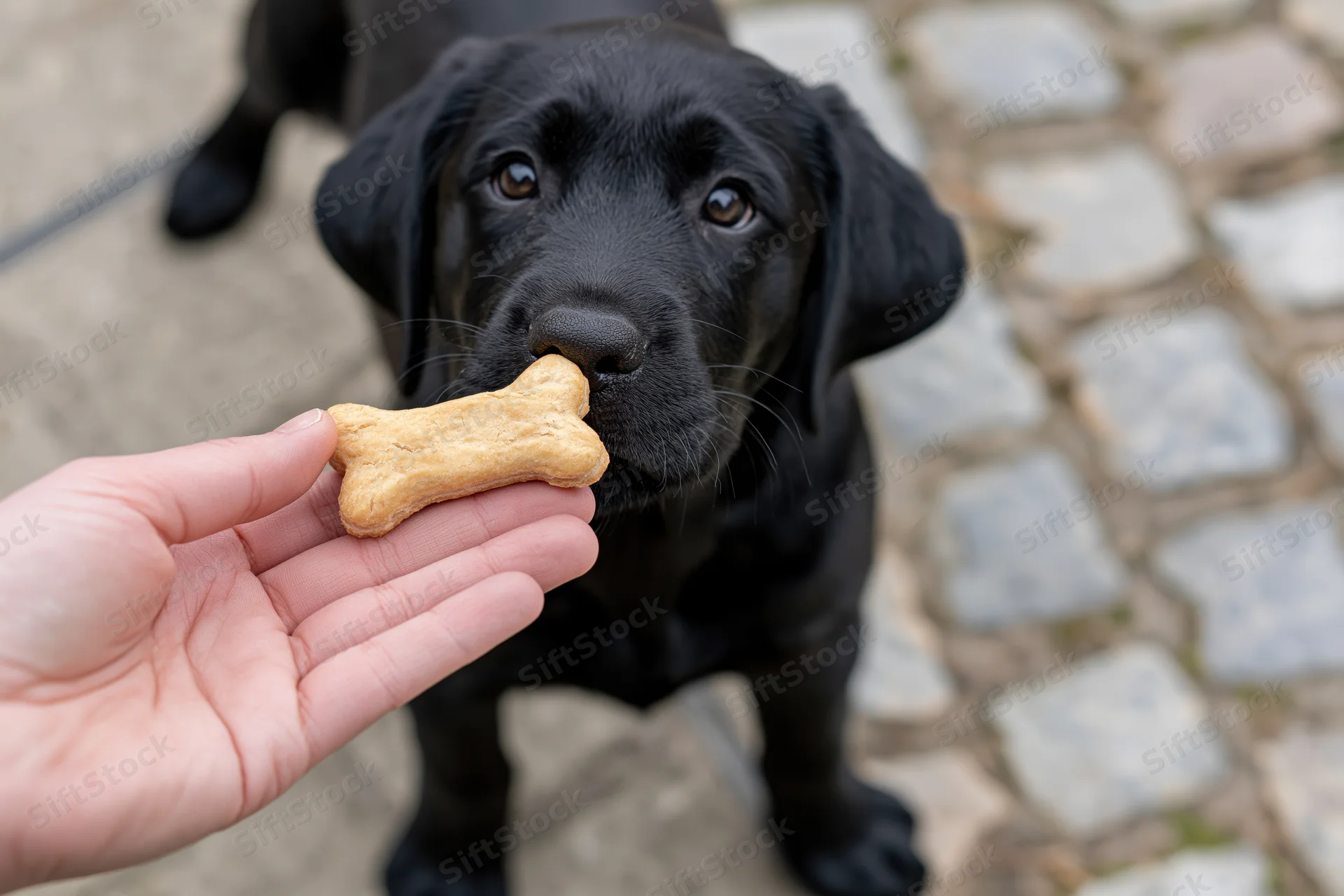 Black labrador puppy sniffing a bone-shaped treat held in a hand outdoors on cobblestone pavement