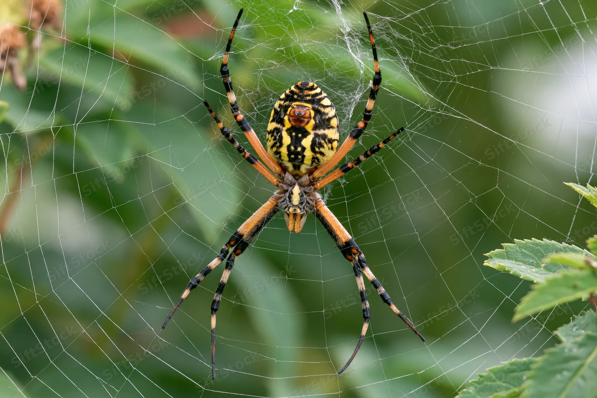 Black and yellow garden spider centered on its orb web among green foliage