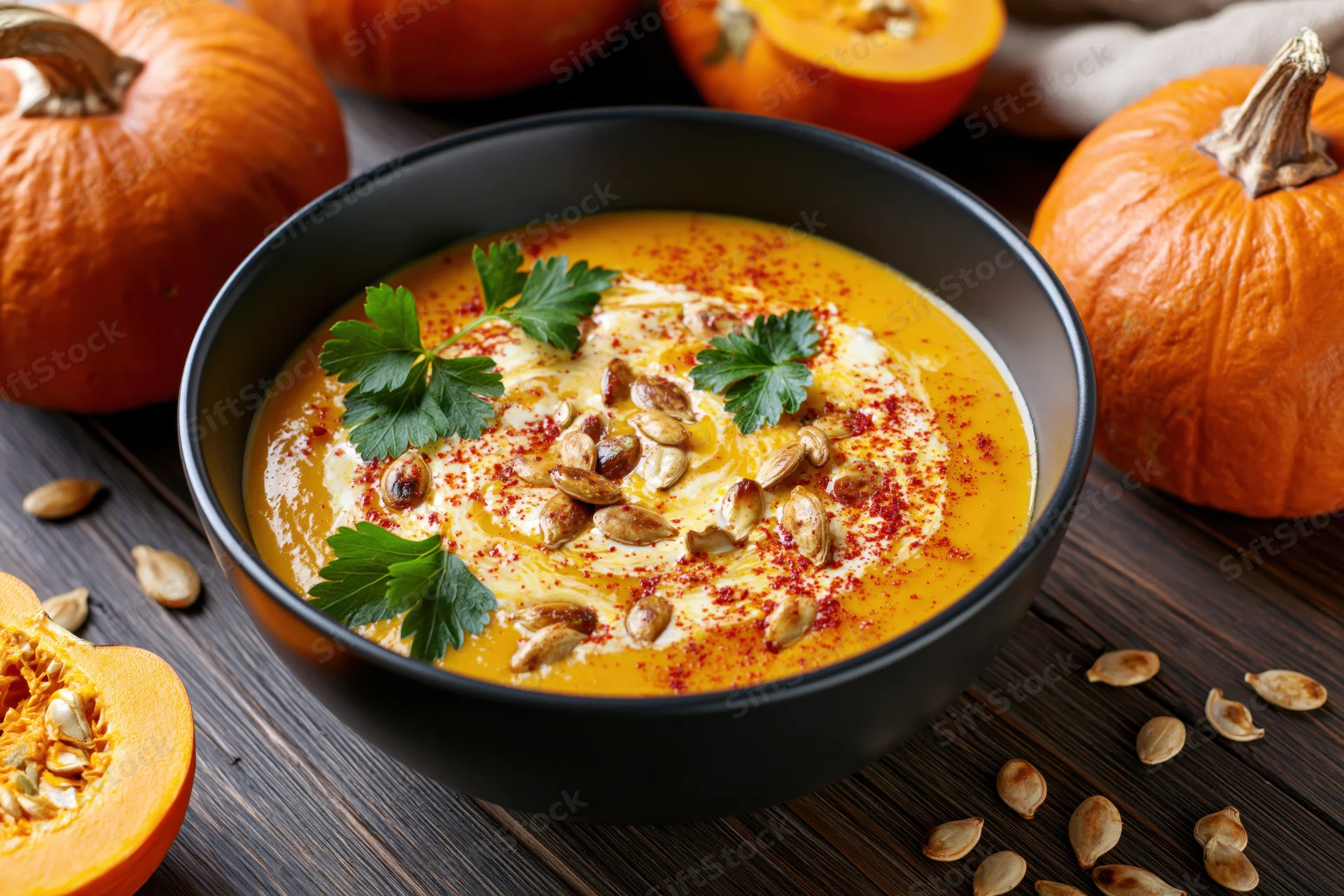 Creamy pumpkin soup in a black bowl garnished with parsley and seeds on a wooden table surrounded by pumpkins