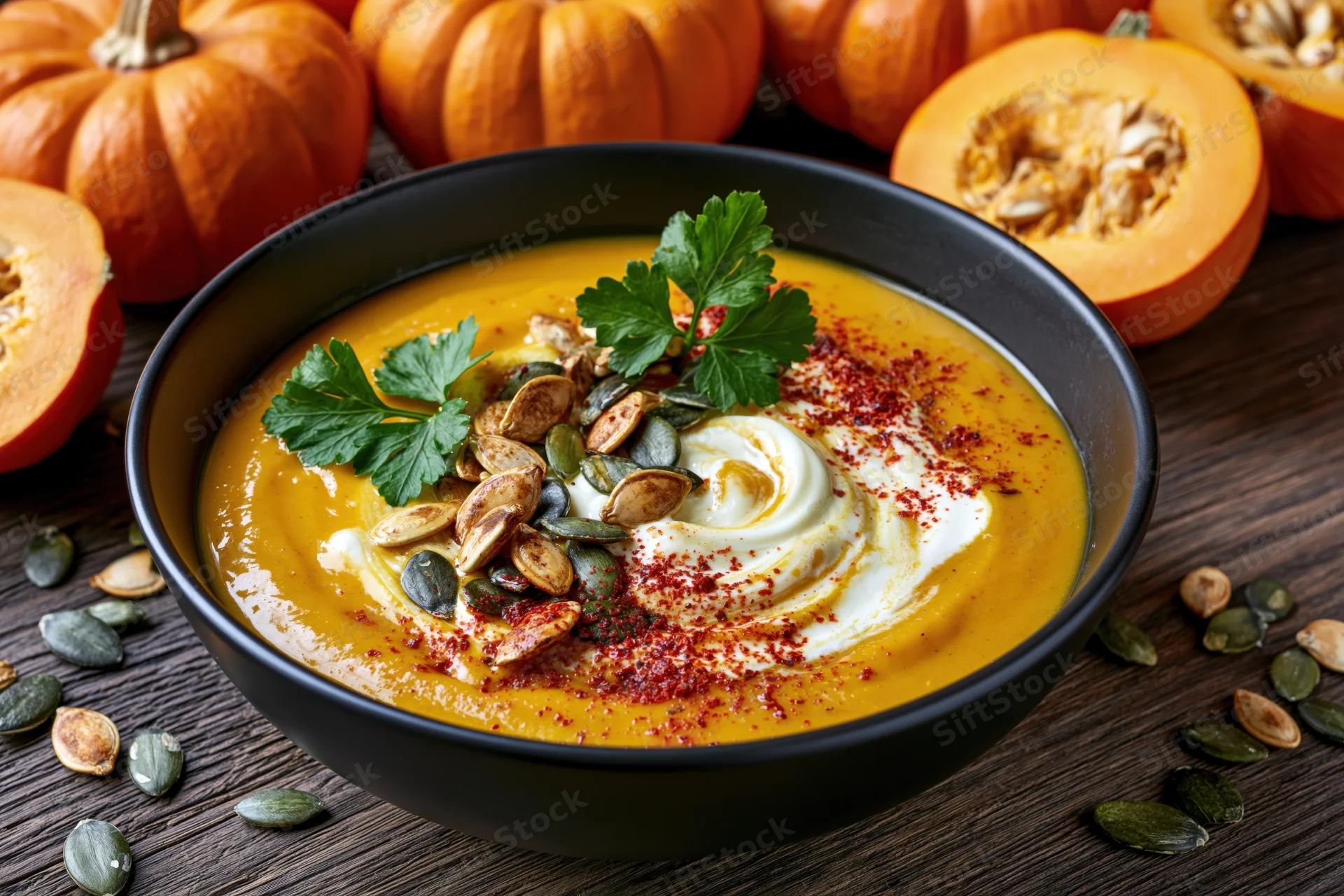 Creamy pumpkin soup in a black bowl topped with cream, seeds, and parsley on a wooden table surrounded by pumpkins