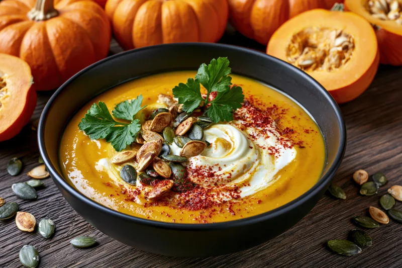 Creamy pumpkin soup in a black bowl topped with cream, seeds, and parsley on a wooden table surrounded by pumpkins