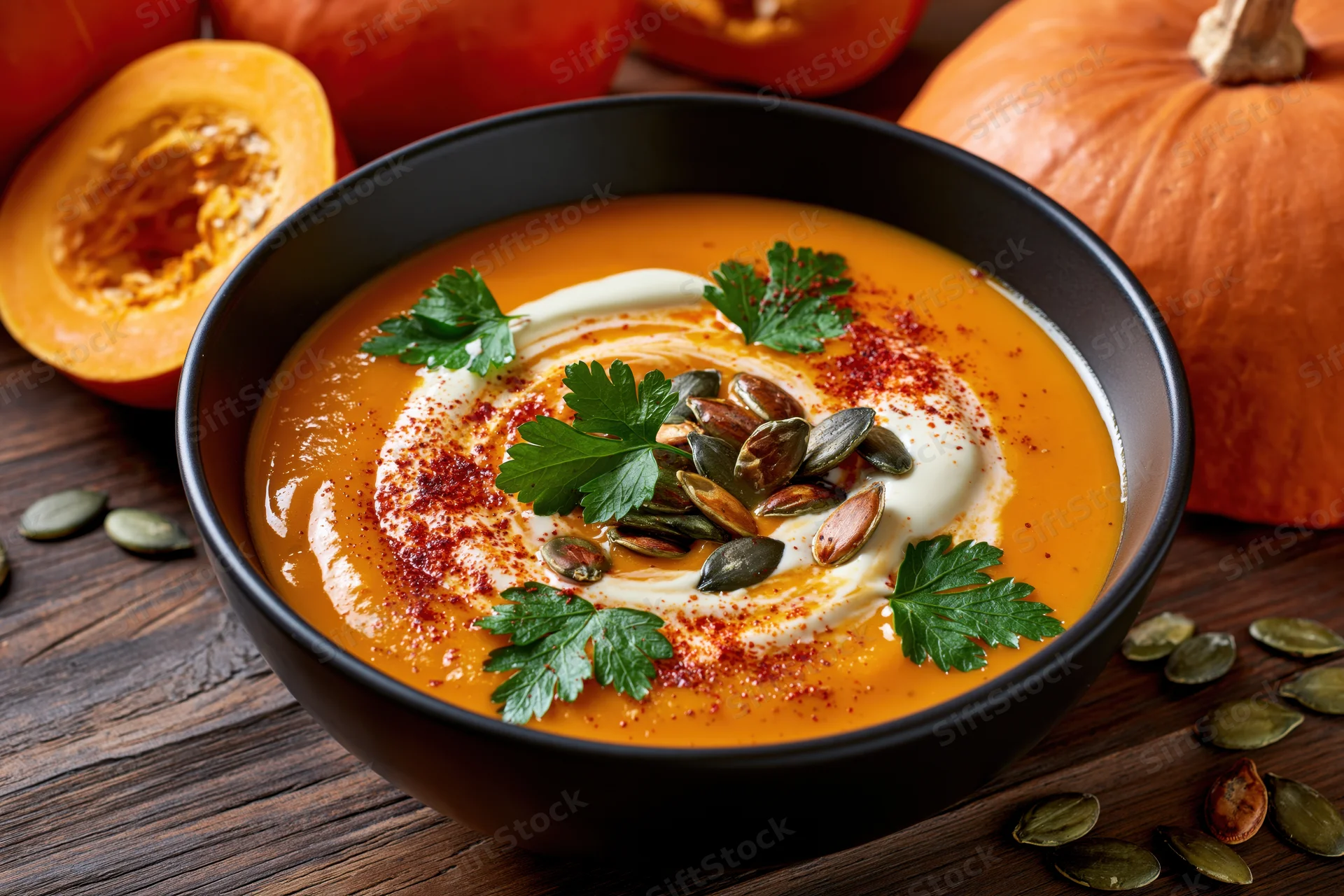 Creamy pumpkin soup in a black bowl garnished with parsley, cream, and seeds on a wooden table surrounded by pumpkins
