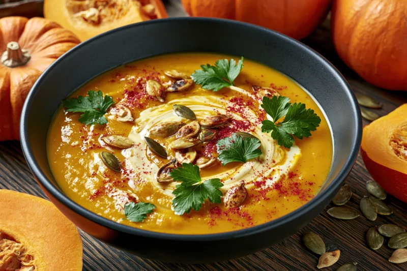 Creamy pumpkin soup in a black ceramic bowl garnished with parsley and seeds on a wooden table surrounded by pumpkins