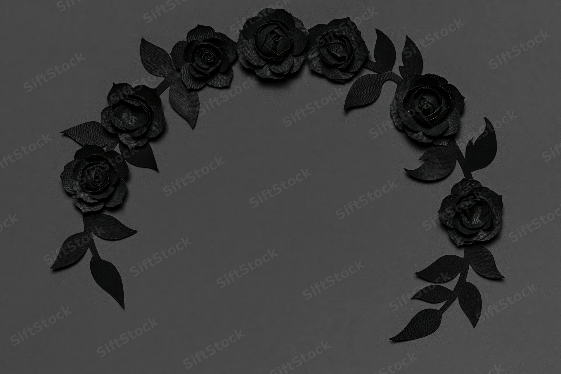 Black paper-cut roses and leaves arranged in a crescent wreath on dark surface