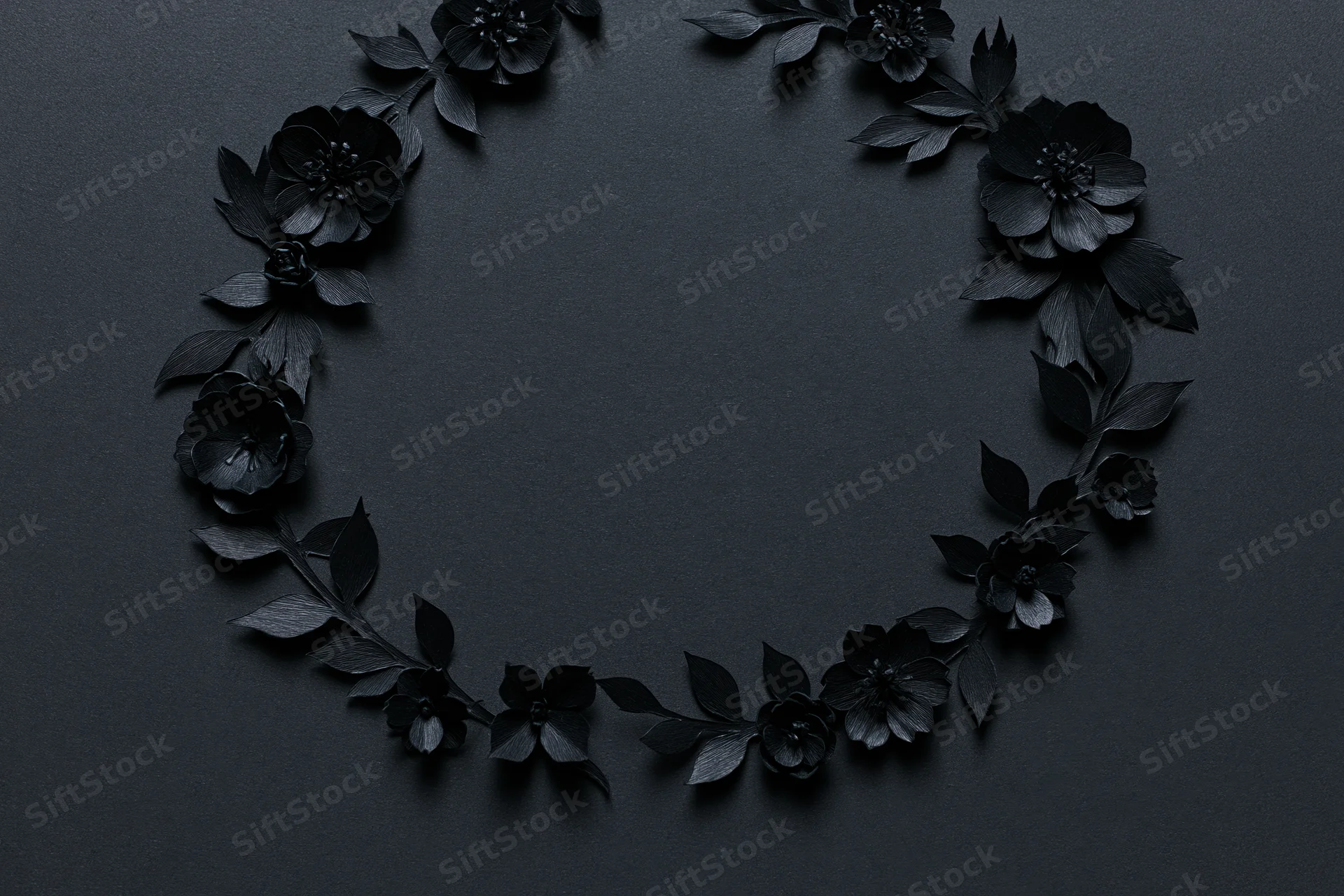 Black paper-cut flowers and leaves arranged in a crescent wreath on dark surface