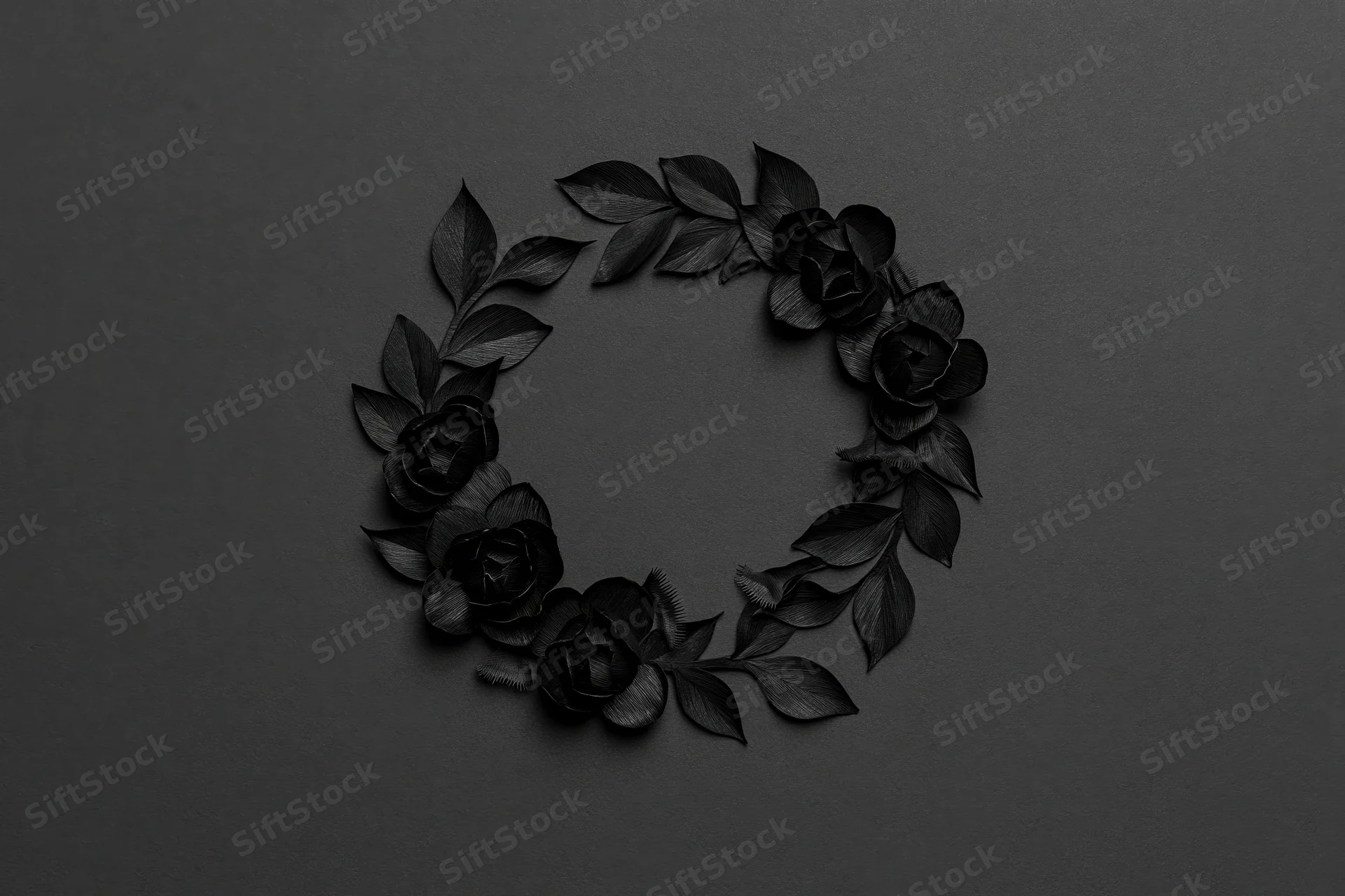 Black paper-cut roses and leaves arranged in a crescent wreath on dark surface