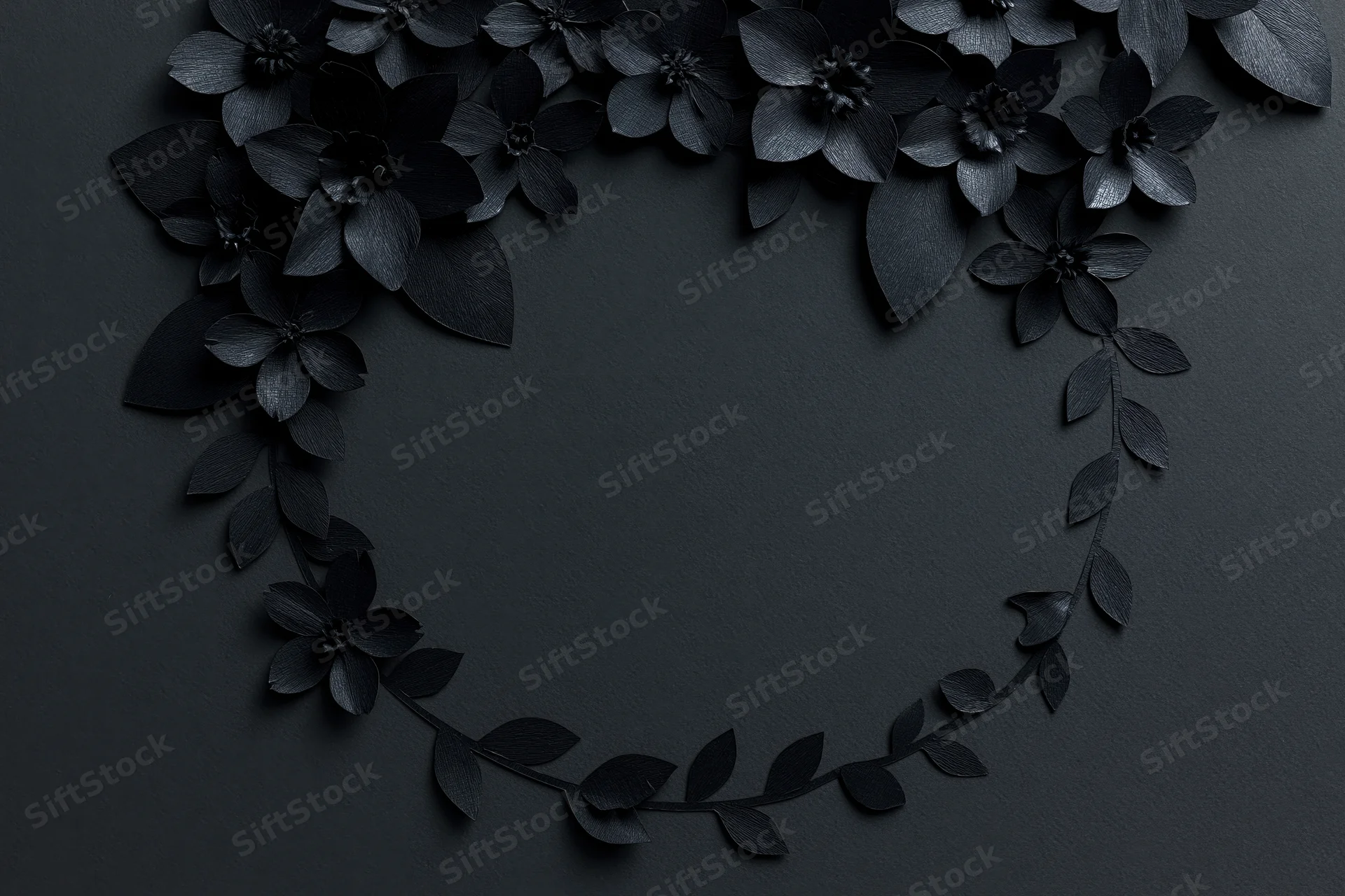 Black paper-cut flowers and leaves arranged in a crescent wreath on dark surface with copyspace