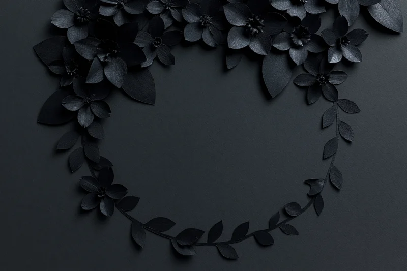 Black paper-cut flowers and leaves arranged in a crescent wreath on dark surface with copyspace
