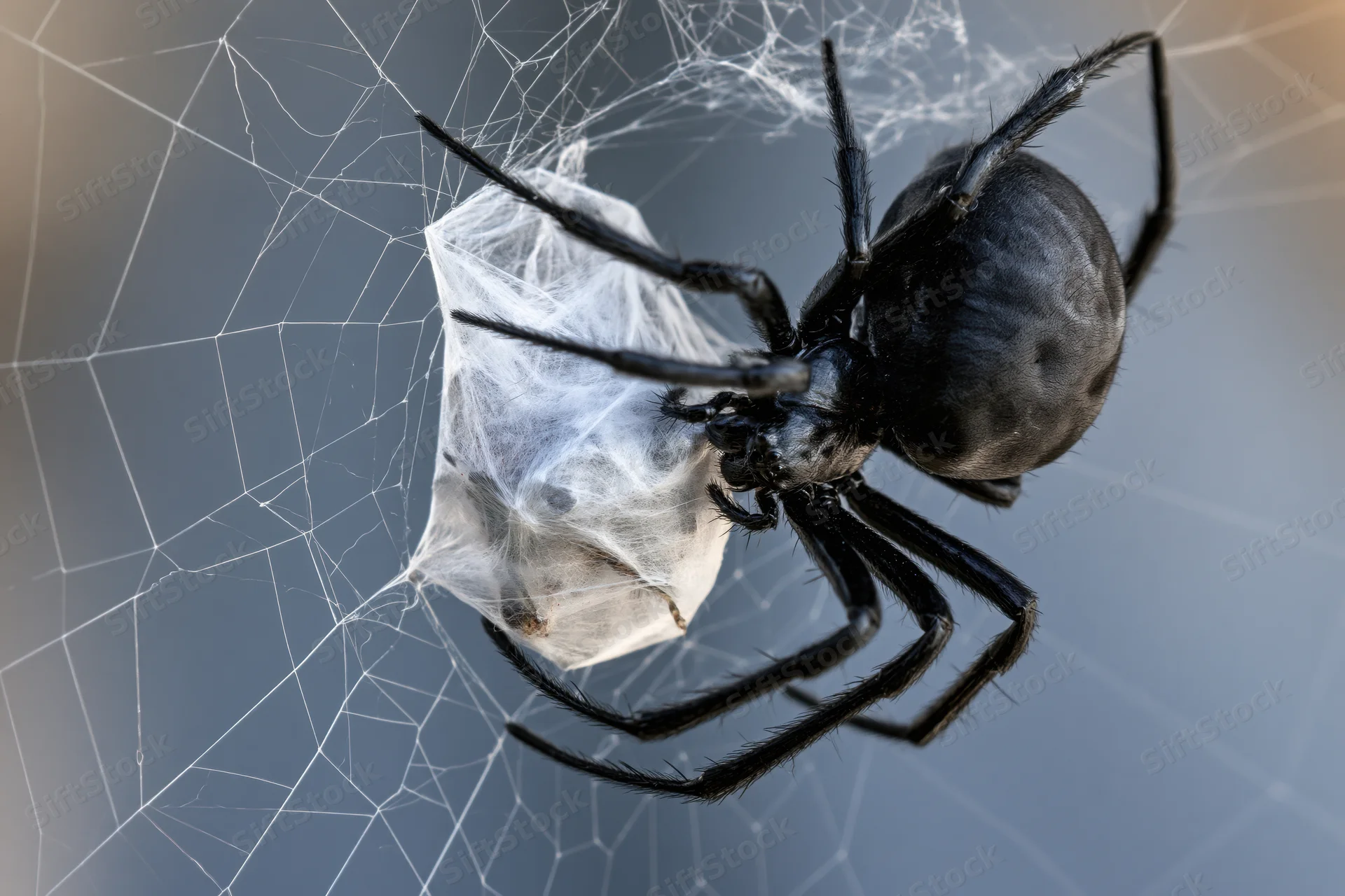 Black spider clutching silk-wrapped insect prey on web
