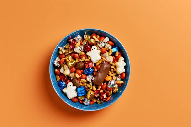 Blue ceramic bowl filled with halloween candy and ghost-shaped sweets on orange background