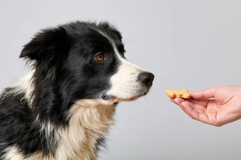 Border collie dog focused on bone-shaped treat held in a hand against a plain background