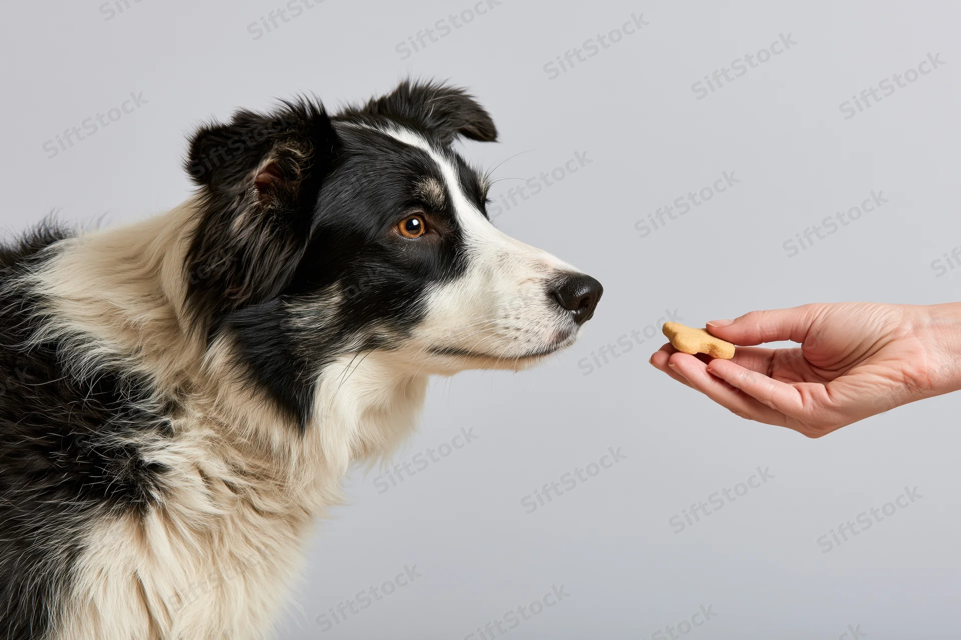 Border collie dog focused on a bone-shaped treat held in a hand against a gray background