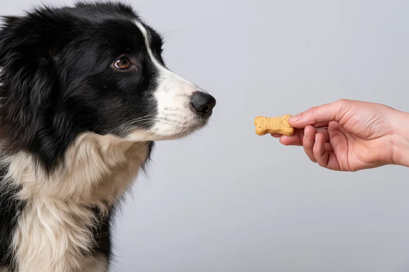 Border collie dog looking intently at a bone-shaped treat held by a hand in a studio setting