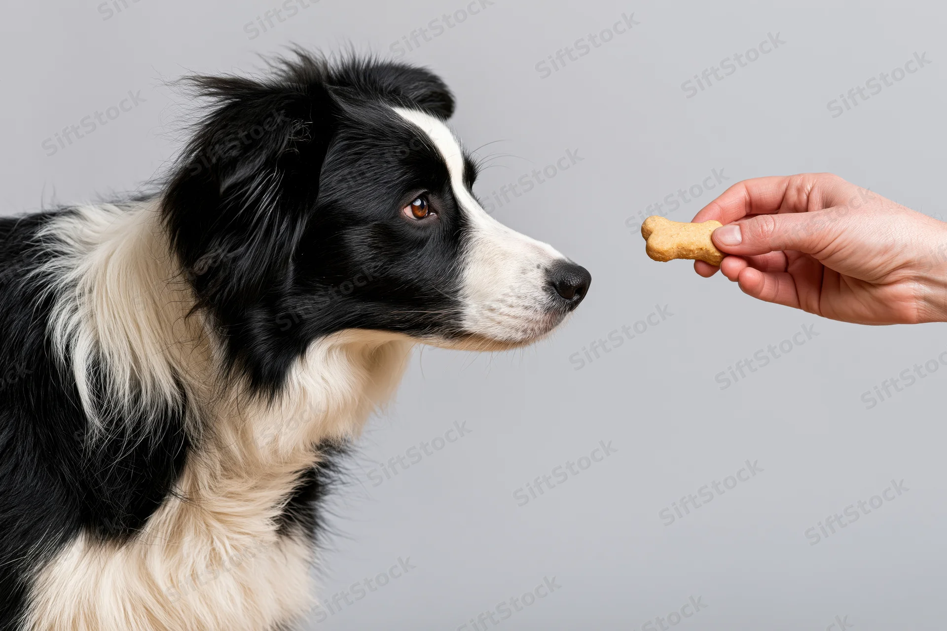 Border collie dog focused on bone-shaped treat held by a hand in studio setting