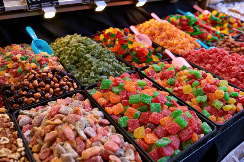 Trays of colorful gummy candies and sweets displayed at a market stall