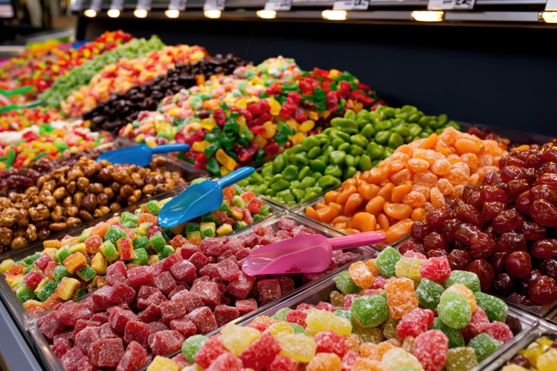 Rows of colorful candies in transparent bins with plastic scoops at a market stall