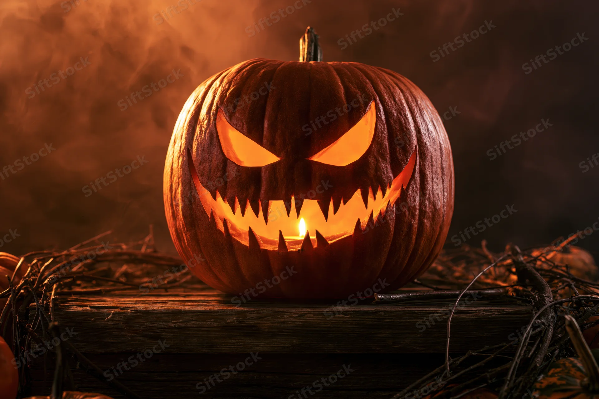 Carved pumpkin with glowing face on wooden table surrounded by twigs and smoke