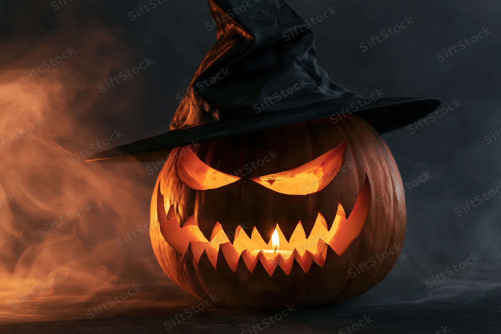 Carved jack-o-lantern with witch hat glowing from candlelight in smoky dark setting