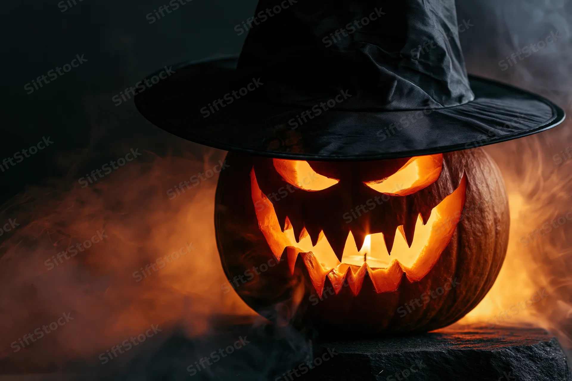 Carved jack-o-lantern with glowing face and black witch hat surrounded by smoke on dark surface