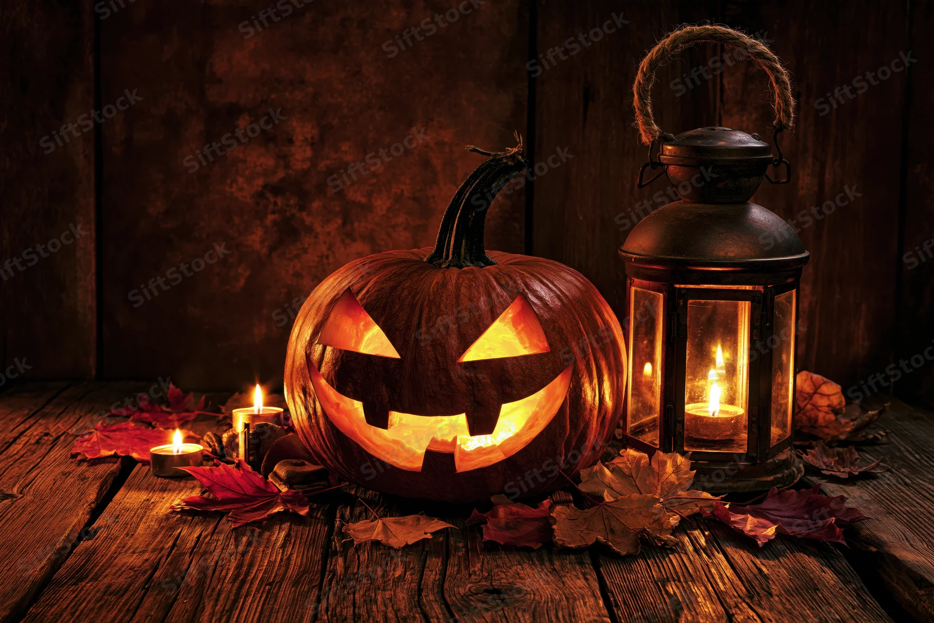 Carved jack-o-lantern with glowing eyes and a lit lantern on a wooden table surrounded by autumn leaves