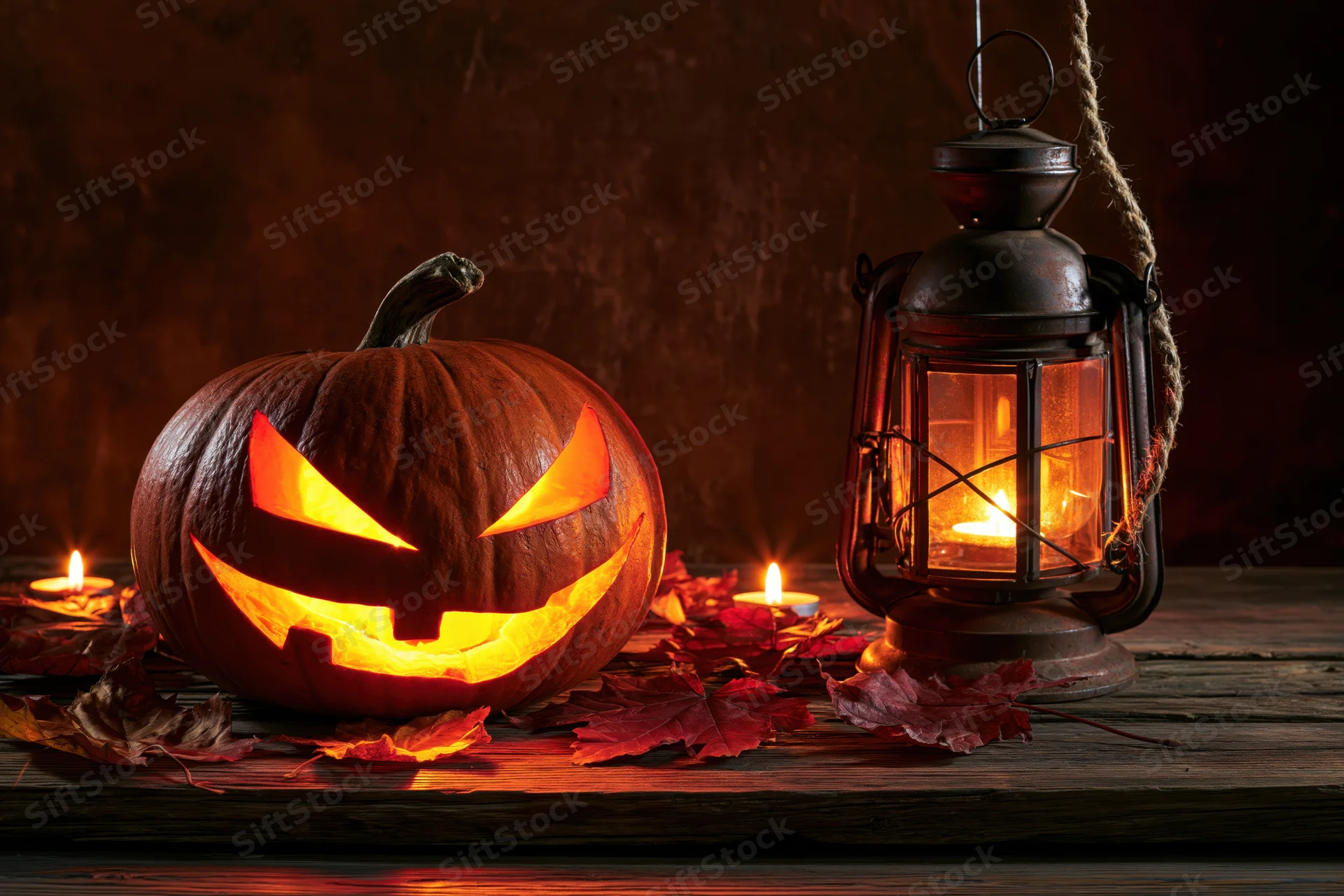 Carved jack-o-lantern with glowing eyes and a lit lantern on a wooden table surrounded by autumn leaves