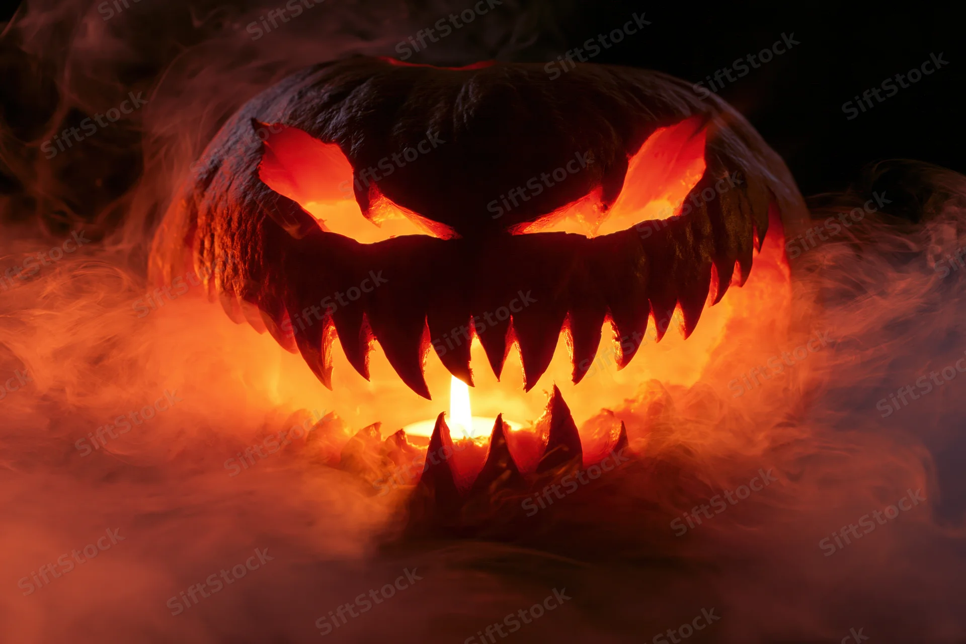 Carved jack-o-lantern with jagged teeth glowing in smoke at night