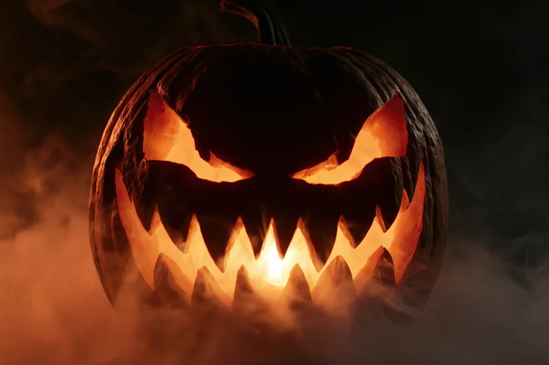 Carved pumpkin with jagged teeth and glowing eyes in smoky dark setting